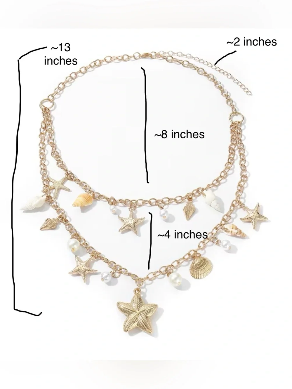 Gold Toned Seashell & Starfish Layered Necklace with Pearls